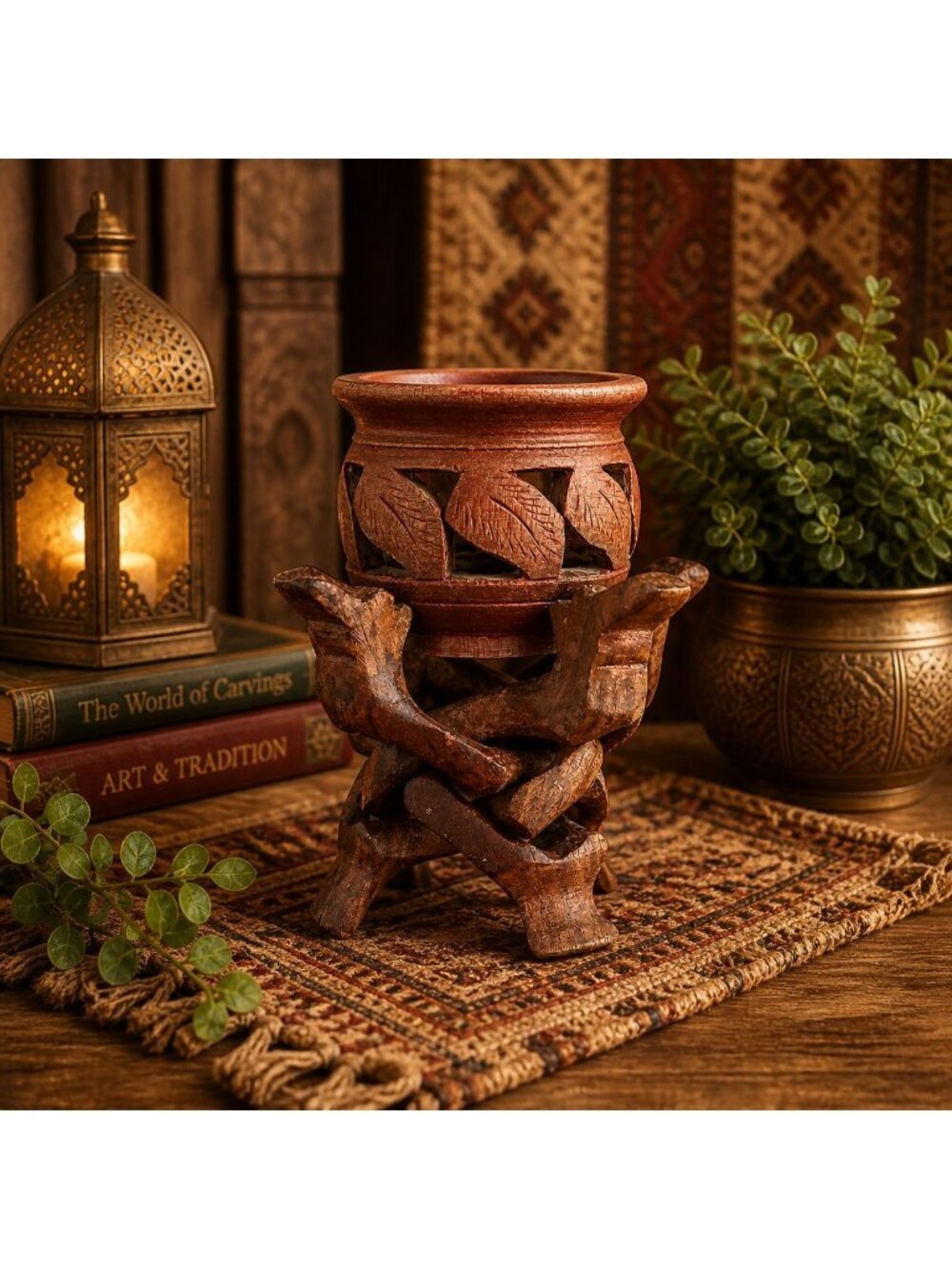 Hand Carved Wooden Camel Stand Bowl Set Boho Tribal Decor Rustic Global Artwork